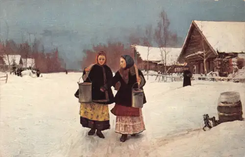 A995 Russland Kunst von NA Kassatkine Die Rivalen Frauen in Volkstracht Postkarte