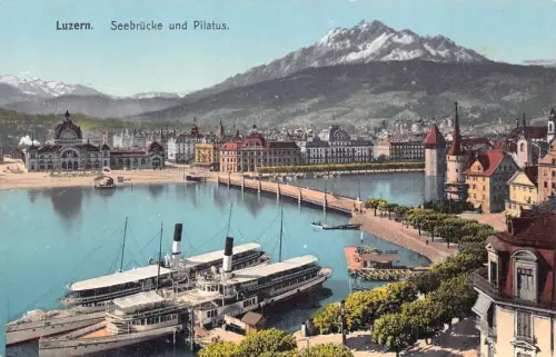 A040 Schweiz Luzern Seebrückebrücke Pilatus Dampfer Oldtimer Postkarte