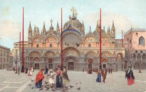 A039 Italien Venezia Piazza San Marco Tauben Menschen Künstlerkarte Vintage Postkarte