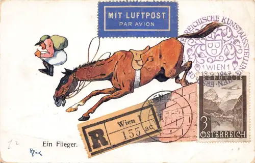 L526 Österreich Pferderennen Comic Luftpost 1910 von R Pick Vintage Postkarte