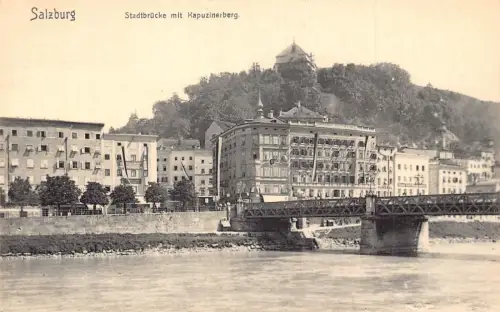 A038 Österreich Salzburg Stadtbrücke mit Kapuzinerbergbrücke Vintage Postkarte