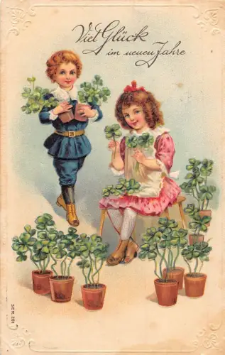L392 Neujahrsgrüße 1910 Kinder Kleeblatt Glück Prägepostkarte