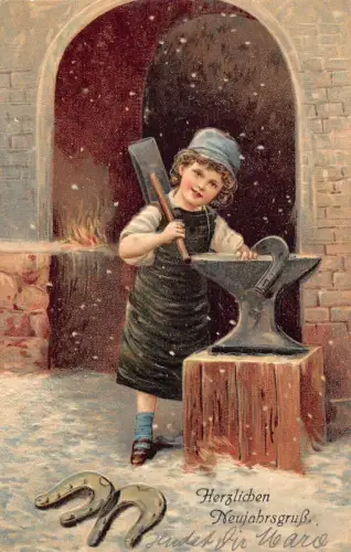 L392 Neujahrsgrüße 1915 Junge Schmied Hufeisen Glück geprägte Postkarte