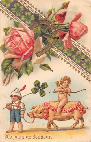 L392 Neujahrsgrüße 1906 Junge Amor Schwein Kleeblatt Glück Rose geprägt Postkarte