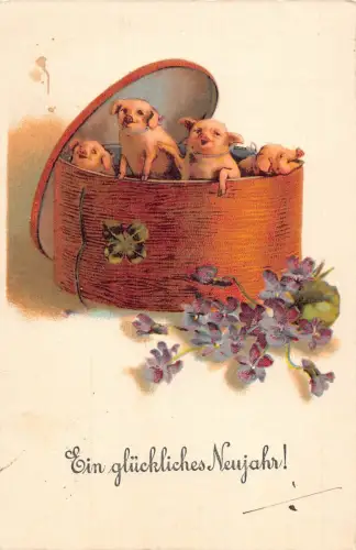 L392 Neujahrsgrüße 1933 Schweine Korb Blumen Glück Vintage Postkarte