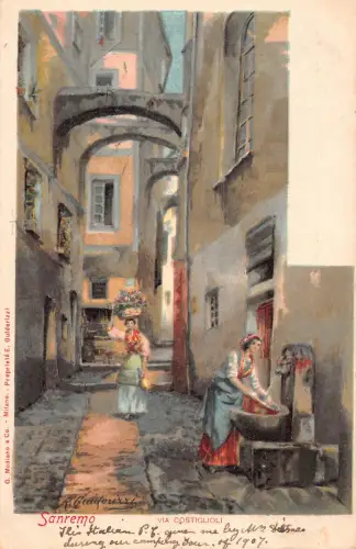 B001 Italien Sanremo Via Costiglioli Frauen Brunnen Blumen Straße Postkarte