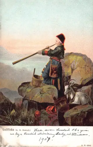 A994 Norwegen Vallflicka Bauernmädchen spielt Weidenflöte Ziege ethnische Postkarte