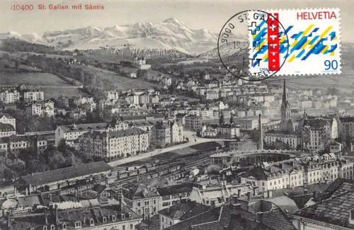 L300 Schweiz St. Gallen mit Saentis Panoramablick Vintage Postkarte
