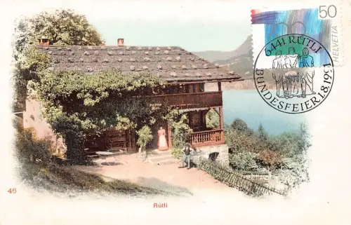 L297 Schweiz Ruetli See Berge Haus Tisch Stühle Vintage Postkarte