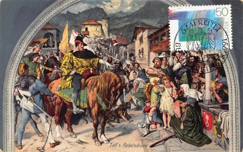 L297 Schweiz Tells Apfelschuss Gemälde in Tellskapelle Pferd Postkarte