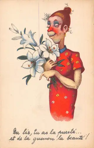 A860 Humor Comic Karikatur Frau mit Affengesicht Iris Blumen Postkarte