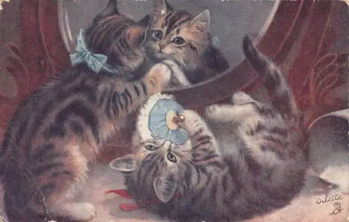A860 Tiere 1906 Oilette Kunst Kätzchen Katzen spielen Vintage Postkarte