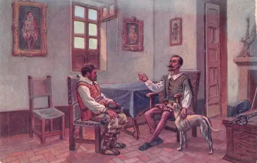A860 Kunst Don Quijote de la Mancha und Sancho Pansa Windhund Hund Postkarte