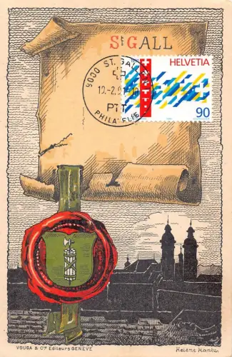 L296 Schweiz St. Gallen Wappen auf Siegel Pergament Vintage Postkarte