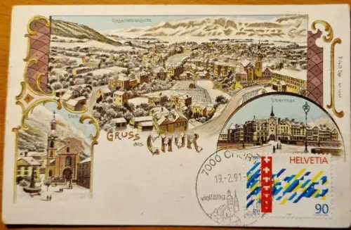 L296 Schweiz Gruss aus Chur Oberhaus Dom Litho mit Glitzer Vintage Postkarte