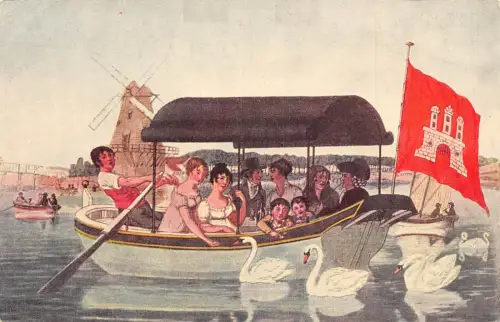 A232 Deutschland Hamburg Leben Familie auf Boot Windmühle Flagge Schwäne Vintage Postkarte