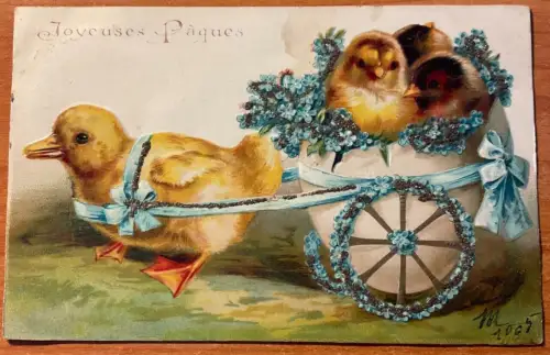 L102 Ostergrüße 1905 Eierwagen ziehen Küken Blumen geprägt Postkarte
