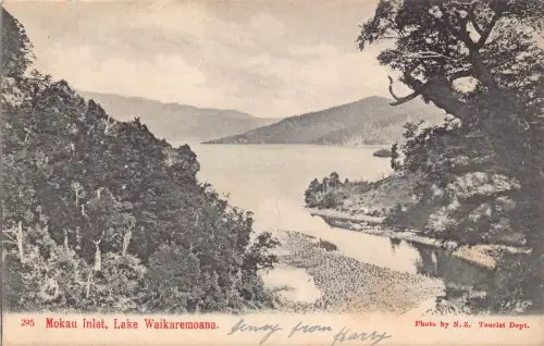 B597 Neuseeland Mokau Inlet Lake Waikaremoana Vintage Postkarte