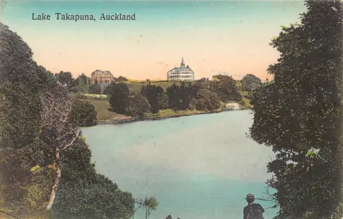 B597 Neuseeland Lake Takapuna Auckland Vintage Postkarte