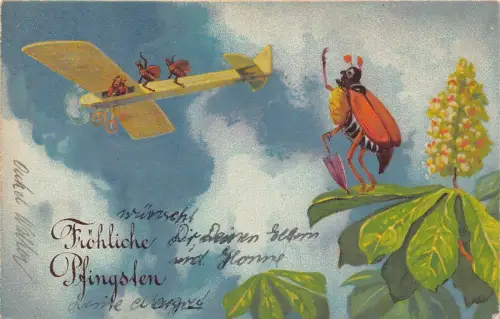 L403 Pfingstgrüße 1932 vermenschlichte Käfer Insekten Flugzeug Fantas Postkarte