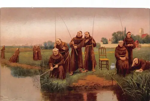 A051 Gruppe lustiger Franziskanermönche beim Angeln im Teich Vintage Postkarte