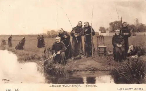 A051 Gruppe lustiger Franziskanermönche Angeln Gemälde signiert W Dendy Postkarte