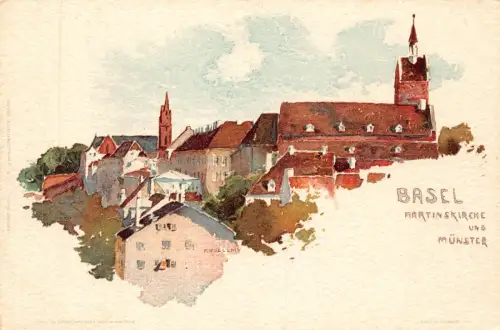 Schweiz Basel Martinskirche und Münster Voellmy Kunstkirche Postkarte B905