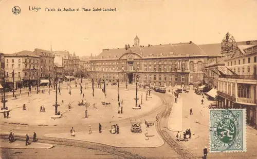 L133 Belgien 1930 Lüttich Justizpalast und Saint Lambert Square Straßenbahn Postkarte