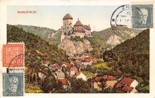 L141 Tschechien 1931 Schloss Karlstejn Bergdorf Vintage Postkarte