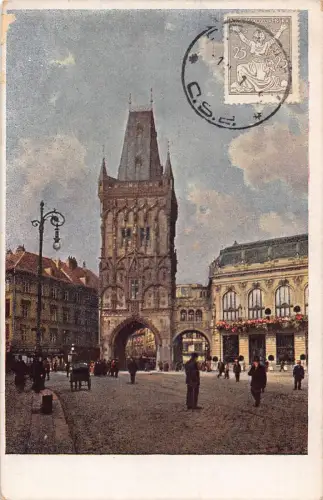 L141 Tschechien 1921 Prag Pulverturm Turm Kutsche Vintage Postkarte