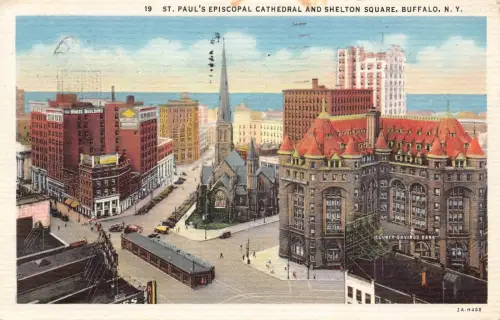 L137 US 1936 St Paul Cathedral Shelton Square Buffalo New York Vintage Postkarte