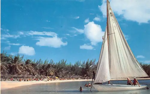 B159 Bahamas Nassau Bootfahren und Baden am Paradise Beach Segelboot Postkarte