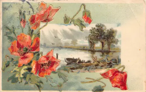B151 Frühlingsgrüße 1909 Mohnblumen Blumen Passepartout Landschaft Postkarte