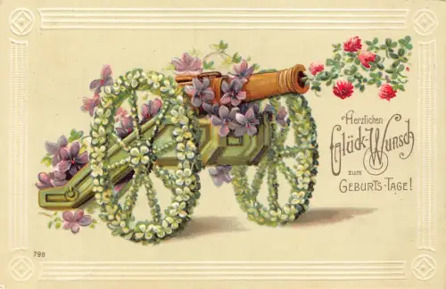 B152 Geburtstagsgrüße 1907 Kanon der Kleeblätter Veilchen Rosen Prägepostkarte
