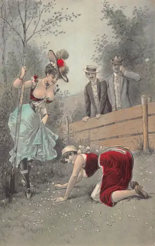 B150 Risque Bauernfrau beugt sich über Pflanzen Herren Vintage Postkarte