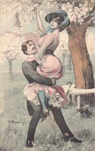 B150 Risque Love Romance Gentlemen Raising Woman to tree flowers Postkarte
