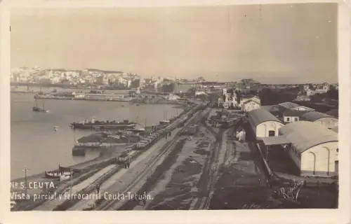 B139 Spanien Ceuta Vista Parcial y Ferrocarril Tetuan Boote RPPC Postkarte