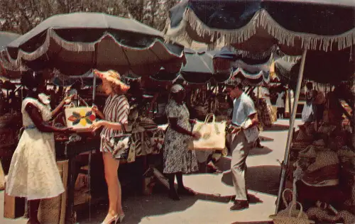 B159 Bahamas Nassau Rawson Square Strahmarkt Vintage Postkarte