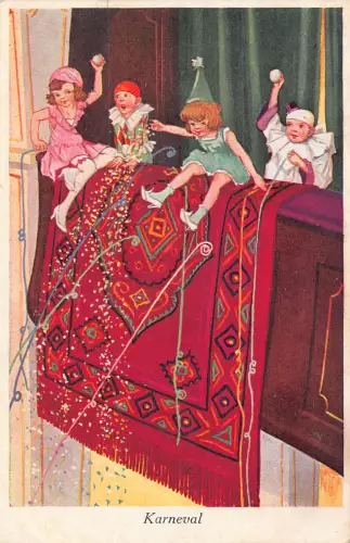 B153 Karneval Karneval Mädchen und Pierrot Clown auf Teppich Konfetti Postkarte