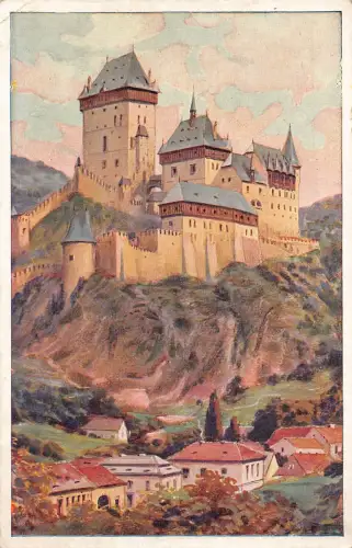 B156 Tschechien Schloss Karluv Tyn Kunst Vintage Postkarte