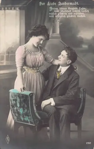 B155 Liebesroman 1911 Die Liebe Faubermacht Paar flirtet RPPC Postkarte