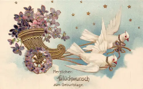 B151 Geburtstagsgrüße 1909 Wagen in Hornform mit Stiefmütterchen Tauben gezogen Postkarte