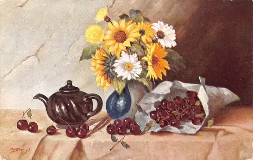 B151 Essen Stillleben 1909 Tüte Kirschen Pusteblumen Blumen Teekanne Postkarte