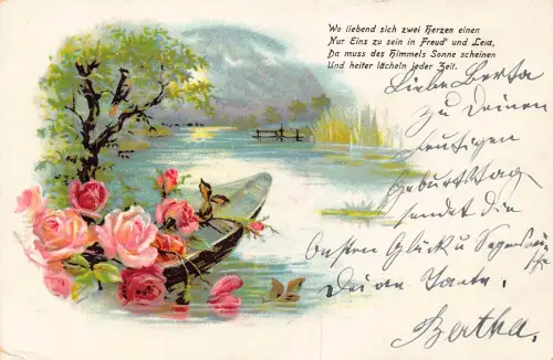 B151 Frühlingsgrüße 1910 Boot See Passepartout Gedicht Rosen Postkarte