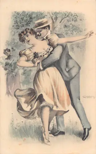 B150 Risque Love Romance Man Chasing Girl Flirting Art Postkarte