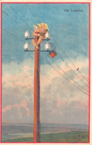 B153 Der Lauscher Amor am Elektromast Telefon spricht Postkarte