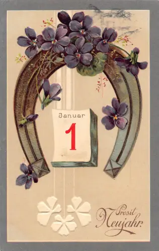 B151 Neujahrsgrüße 1909 Hufeisen Veilchen Kalenderblatt geprägte Postkarte