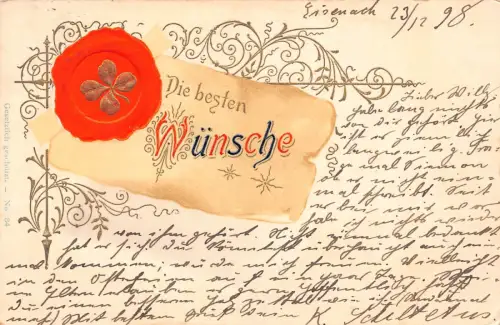 B163 Beste Wünsche 1898 Wachssiegel Kleeblatt Vintage Postkarte