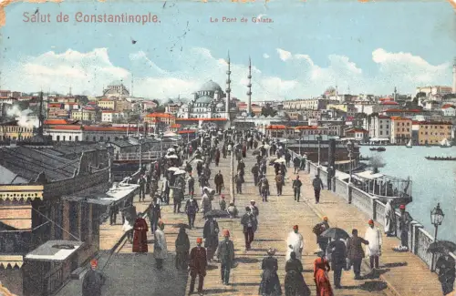 B139 Türkei Salut de Constantinople Pont de Galata Dampfschiff 1907 Postkarte