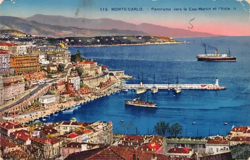 A871 Monaco Monte-Carlo Panorama ver Cap Martin et Italie Steamboat Postkarte